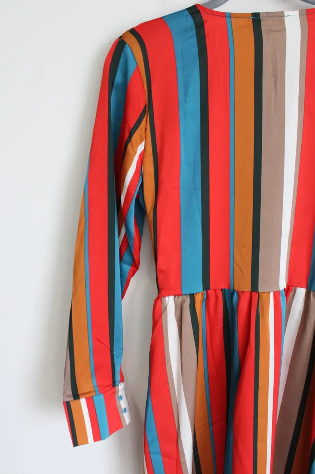 Sandy Sid Rings Sandy Sid New York Red Brown Black Striped Wrap Long Sleeved Summer Dress L