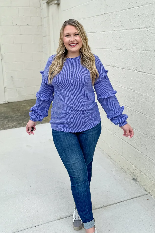 Something Like That Ruffle Sleeve Top Purple Heimish Earrings