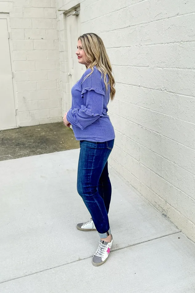 Something Like That Ruffle Sleeve Top Purple Heimish Earrings