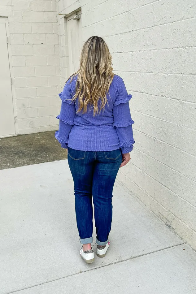 Something Like That Ruffle Sleeve Top Purple Heimish Earrings