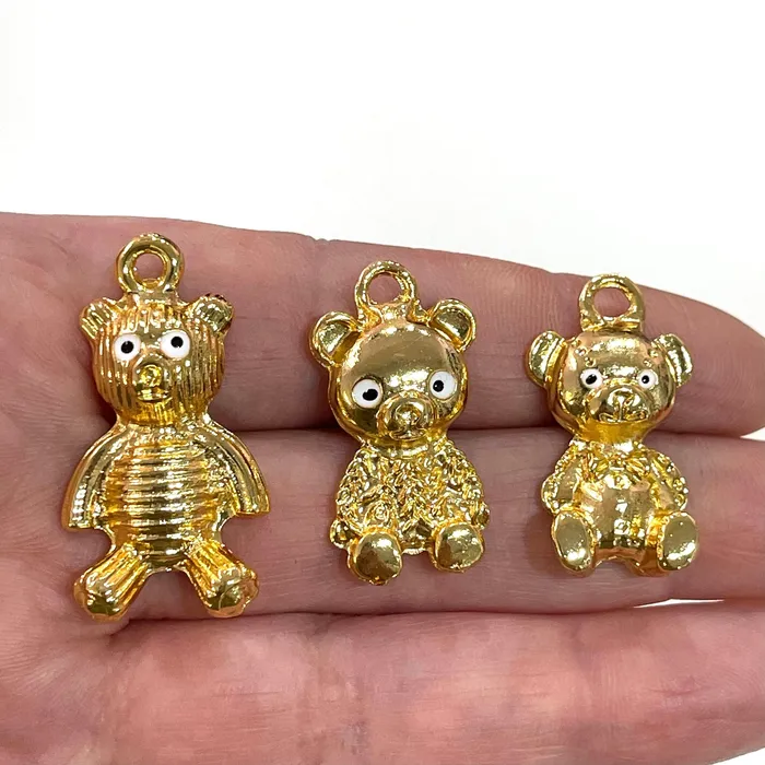 Teddy Bear Family 24Kt Gold Plated Charms 3 Charms Pack Peppy Beads Necklaces
