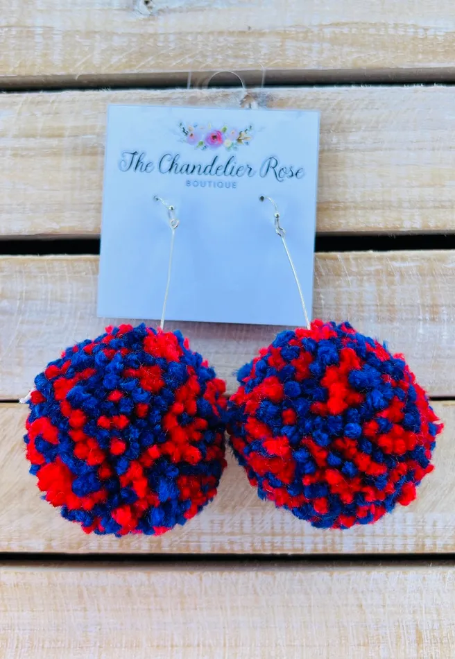 The Chandelier Rose Boutique Earrings LARGE POM POM EARRINGS RED AND BLUE
