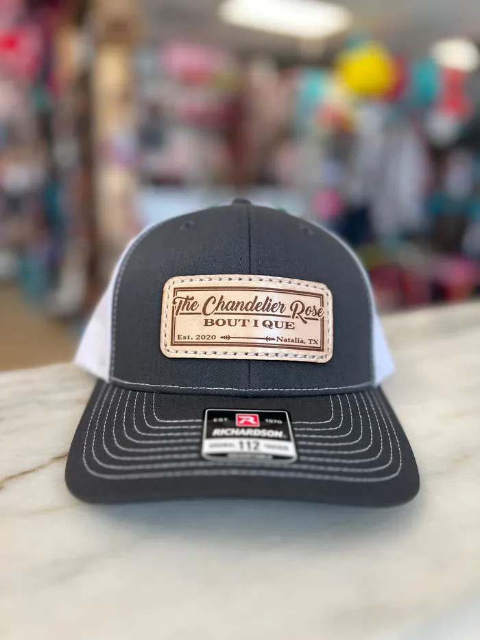 THE CHANDELIER ROSE BOUTIQUE FLAT BRIM CAP CHARCOAL WHITE BSR LEATHER Rings