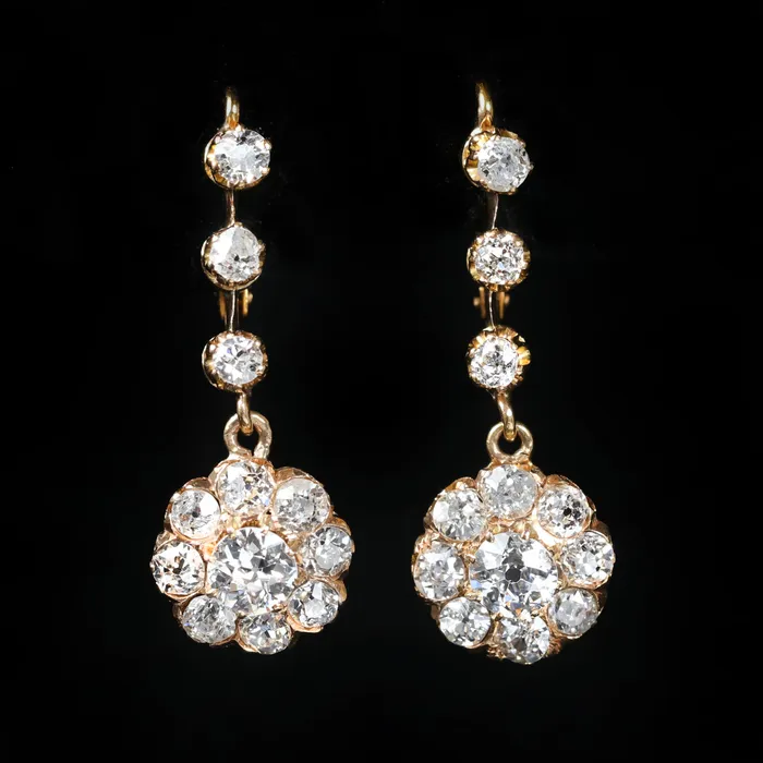 Victorian 18k Yellow Gold 280 CTW Old Mine Cut Diamond Dangle Earrings Dover Jewelry Diamonds Earrings Victorian 18k Yellow Gold 280 CTW Old Mine Cut Diamond Dangle Earrings Dover Jewelry Diamonds Earrings