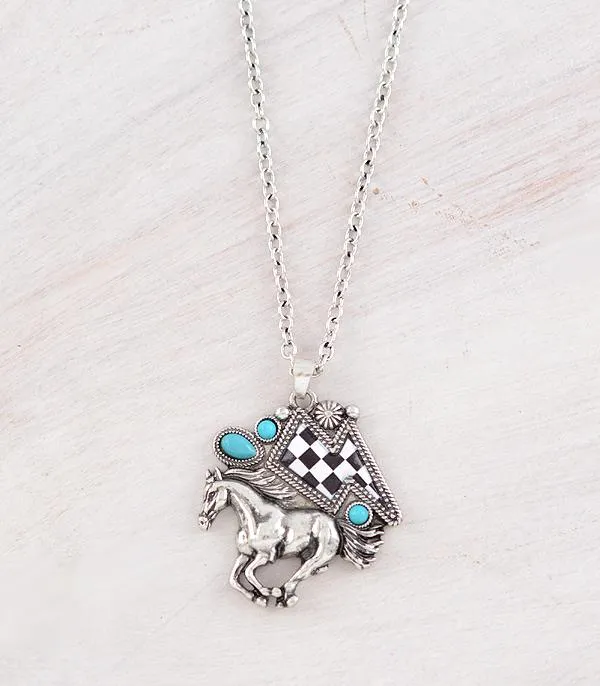 WESTERN CHECKERED HORSE AND LIGHTNING BOLT NECKLACE YKT Necklaces