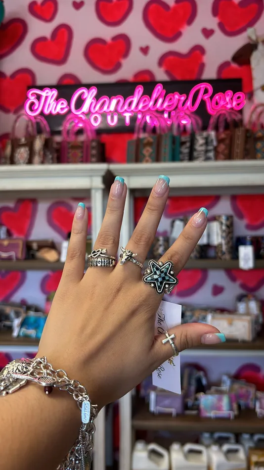 WESTERN CHECKERED TURQUOISE STAR STRETCHY RING YKT Rings