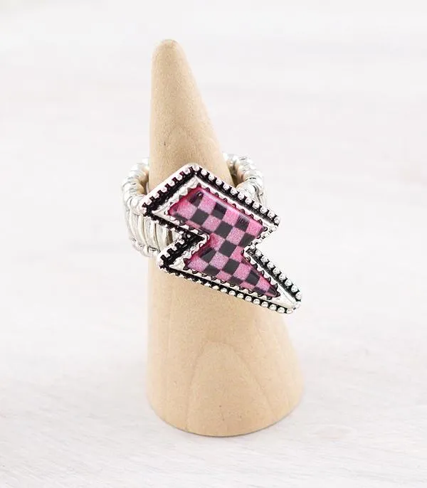 YKT Rings WESTERN CHECKERED PINK BOLT STRETCHY RING