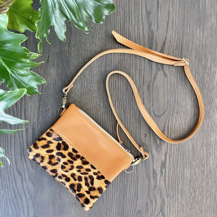ZANI Earrings Tan Leather Leopard Print Sling Bag