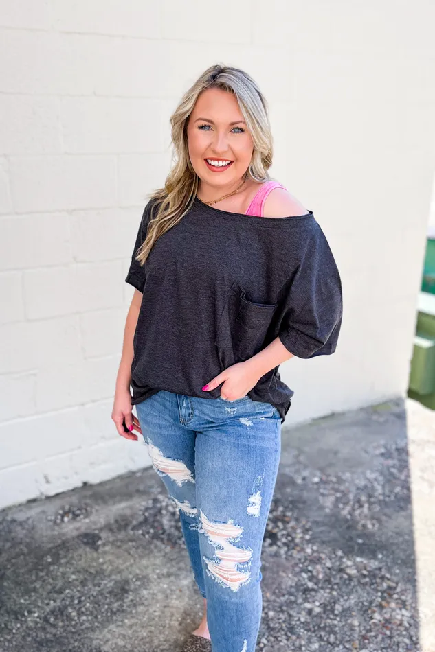 Zenana Earrings RESTOCK Emily Oversized Boat Neck Top Charcoal