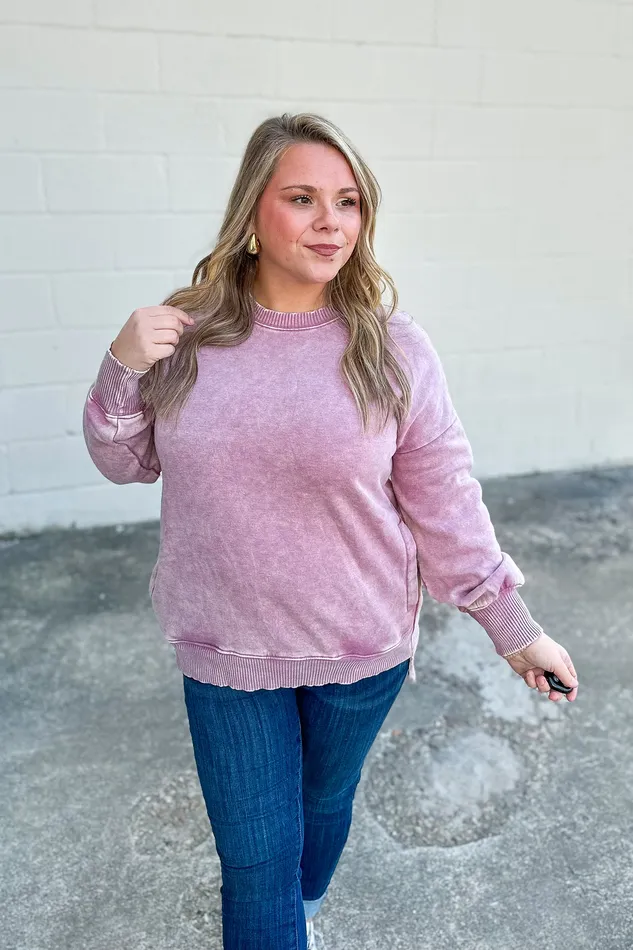 Zenana Necklaces A Cozy Place Pullover Crewneck Top Light Rose